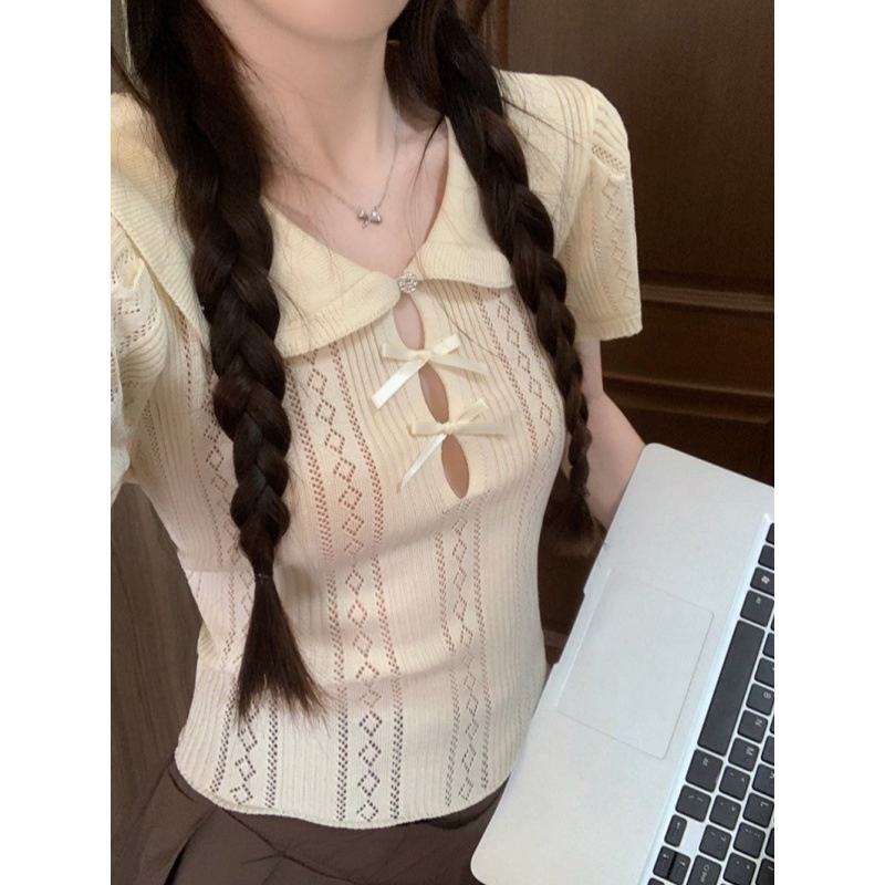 甜美娃娃领蝴蝶结短袖T恤女夏季设计感镂空修身短款粉色针织上衣