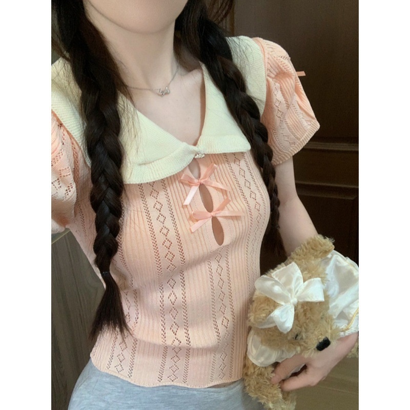 甜美娃娃领蝴蝶结短袖T恤女夏季设计感镂空修身短款粉色针织上衣