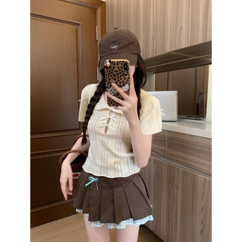 甜美娃娃领蝴蝶结短袖T恤女夏季设计感镂空修身短款粉色针织上衣