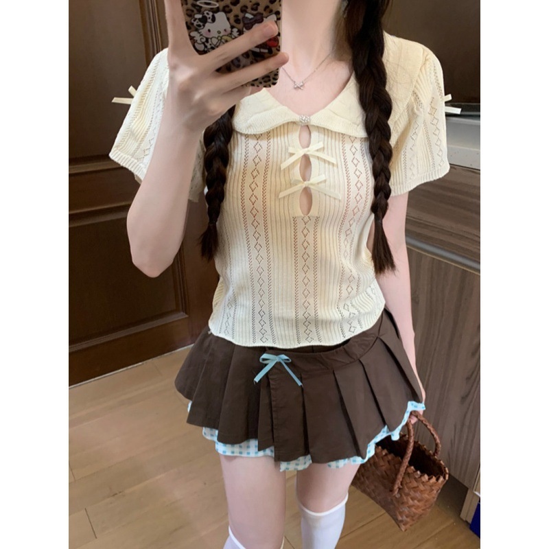 甜美娃娃领蝴蝶结短袖T恤女夏季设计感镂空修身短款粉色针织上衣