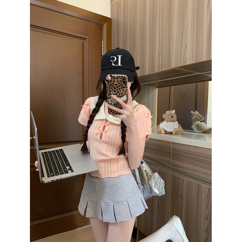 甜美娃娃领蝴蝶结短袖T恤女夏季设计感镂空修身短款粉色针织上衣