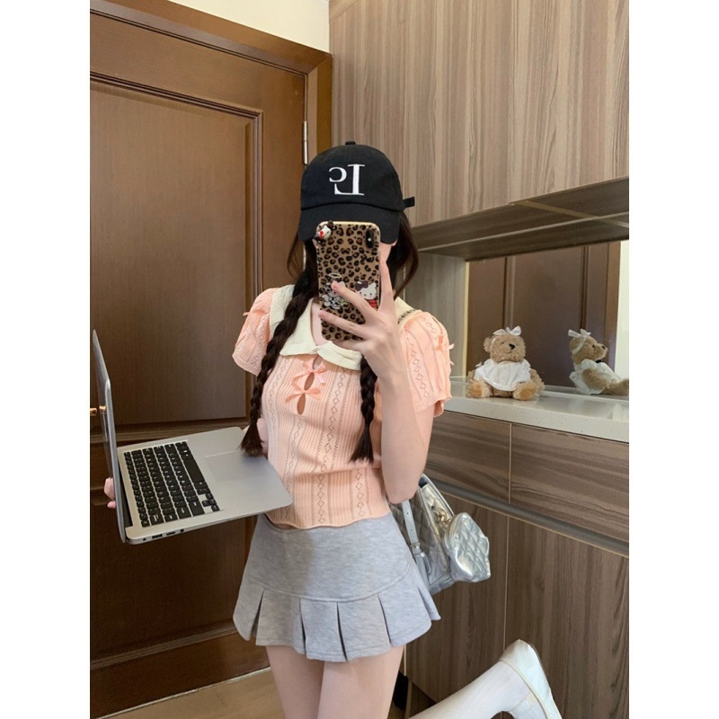甜美娃娃领蝴蝶结短袖T恤女夏季设计感镂空修身短款粉色针织上衣